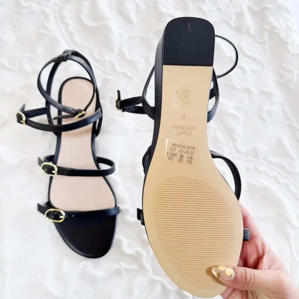Stuart Weitzman Grecian Buckle Wedge Sandal In Black Leather Size 8 New - Picture 5 of 7